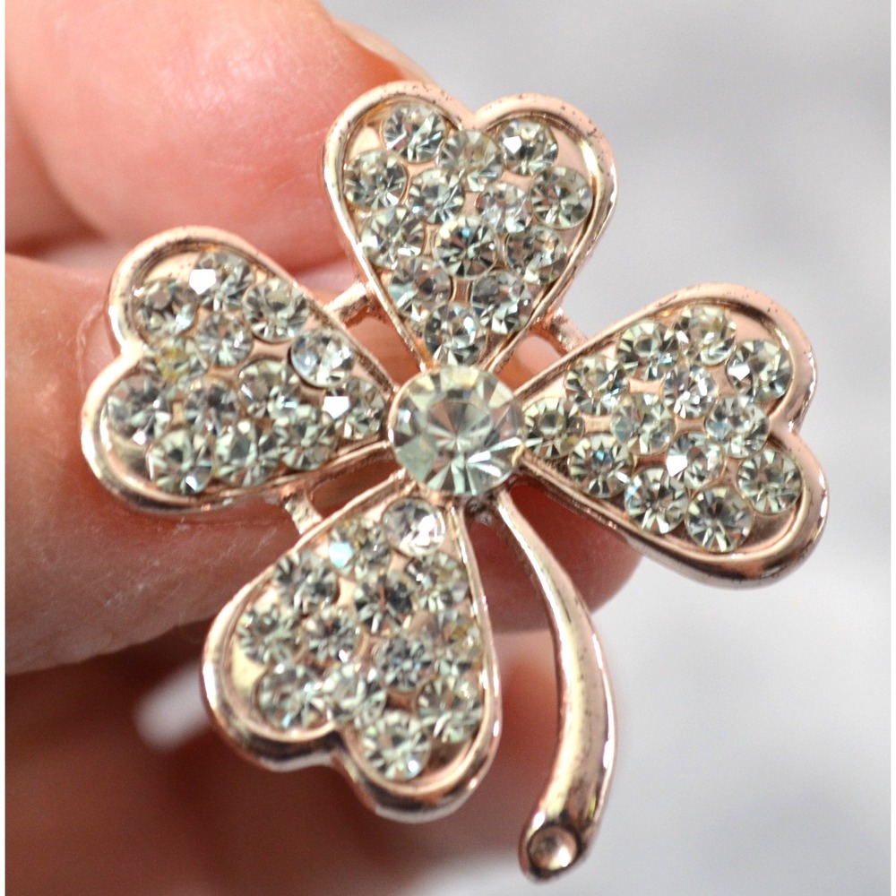 Gold Tone 4 Leaf Clover Shamrock Brooch Pin‎ Clear Rhinestones 1.25"